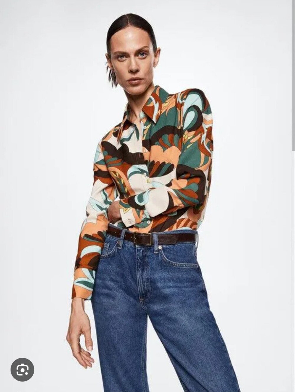 Mango Retro Printed Long-Sleeve Shirt Puc Blouse- XL